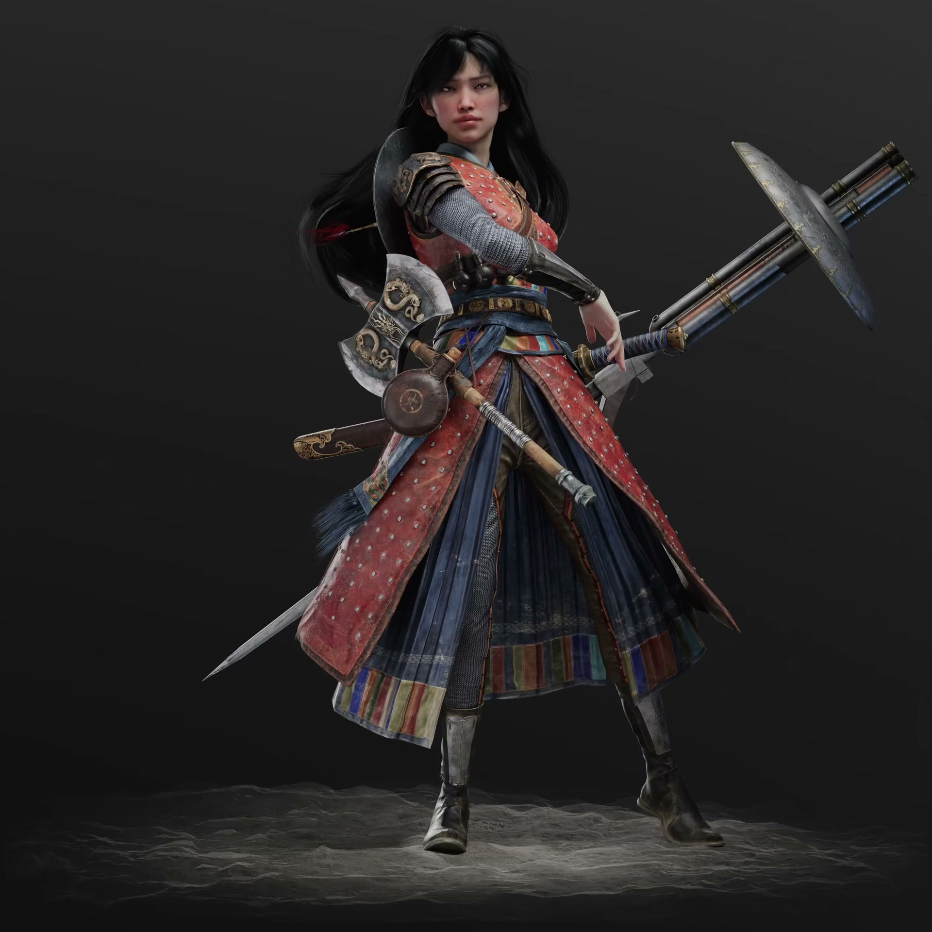 The textured Dragon Warrior digital character rotating in a studio render